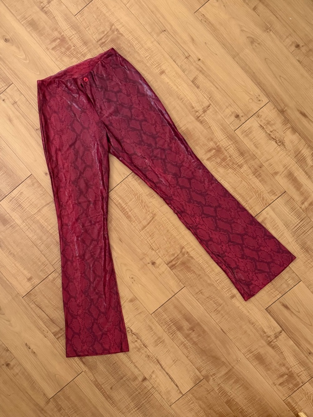 Wine Red Snake Print Stretch Flared Pants